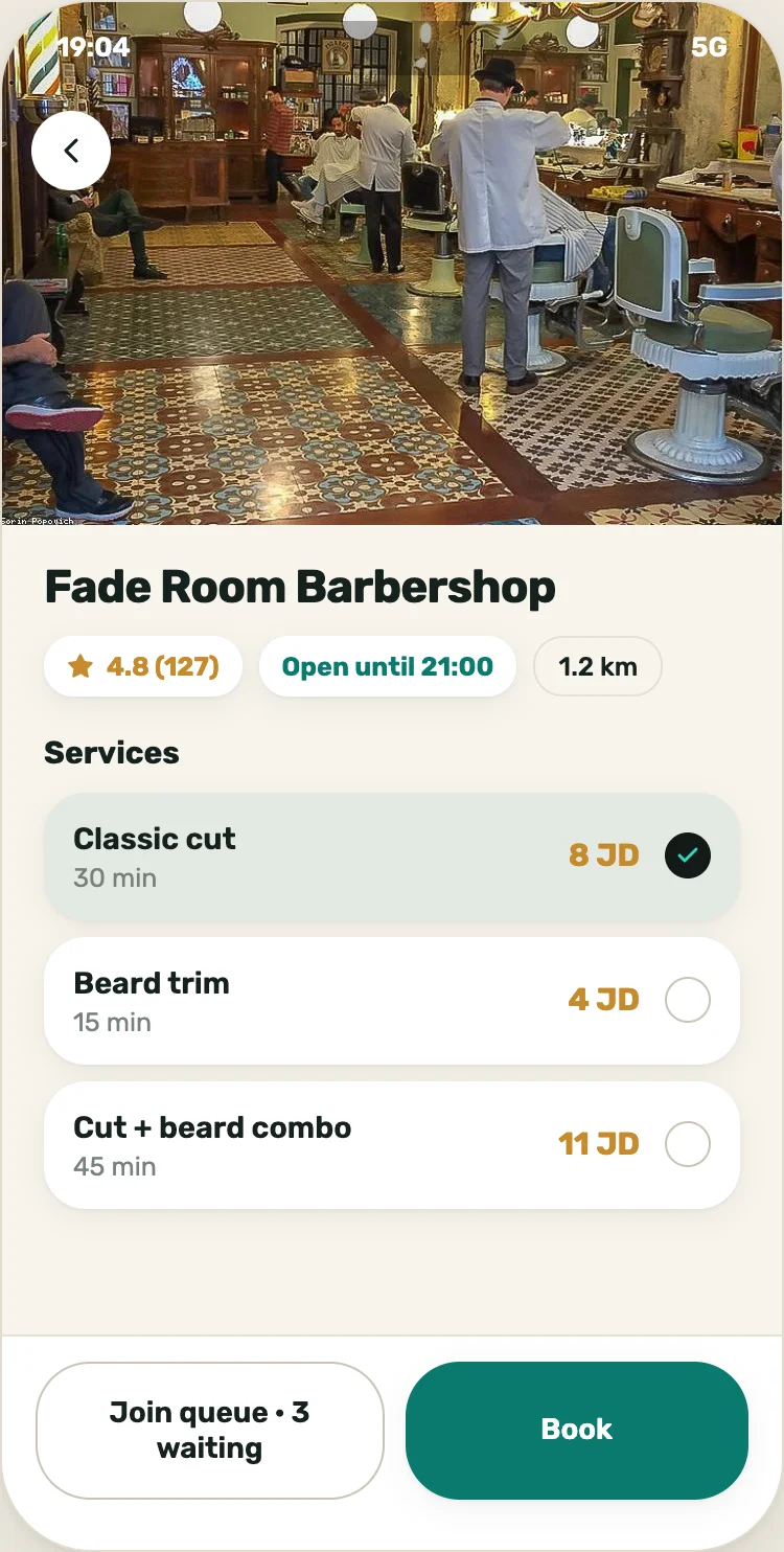 Reserve It listing screen with book and join-queue options