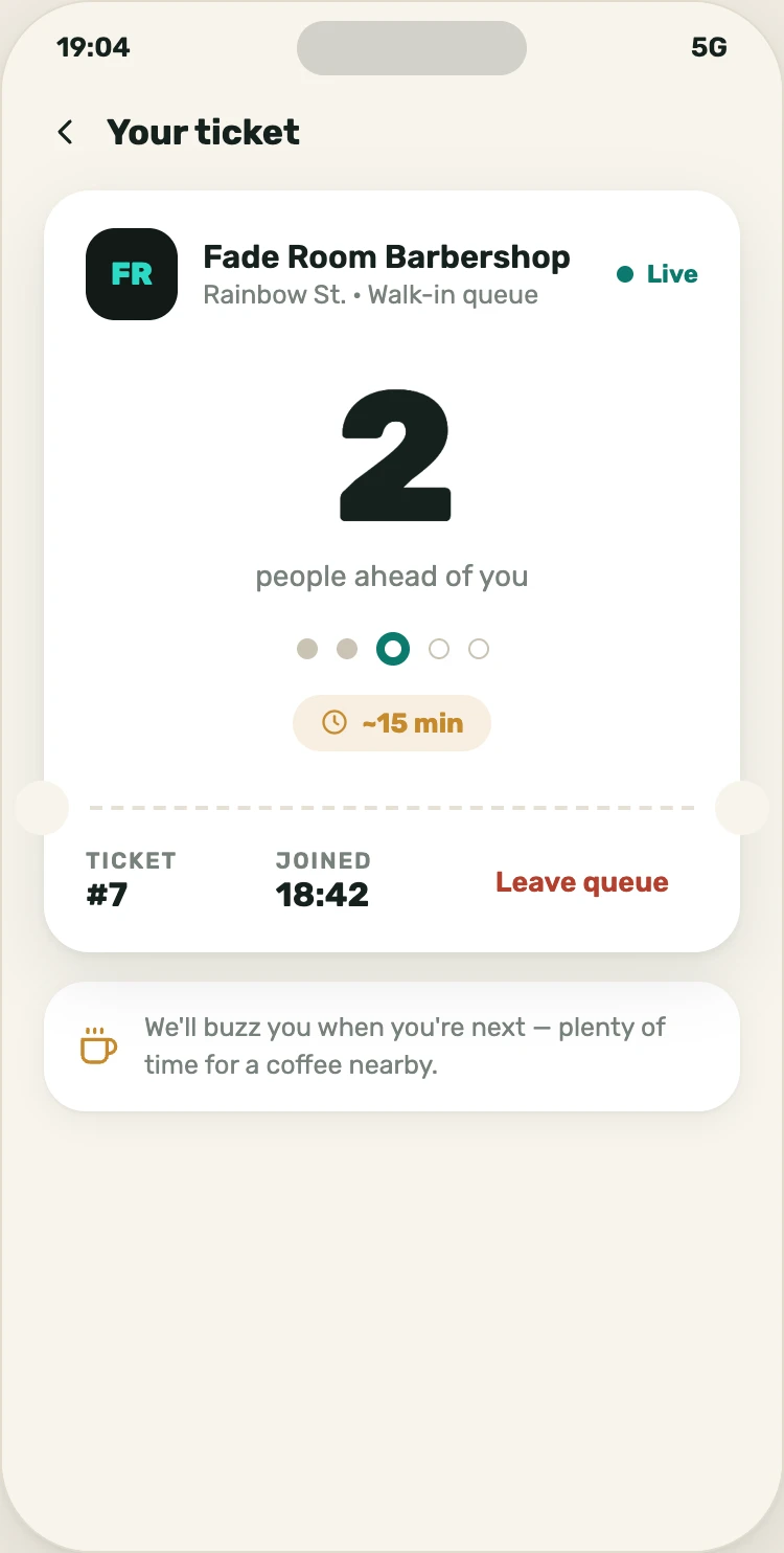 Reserve It live queue ticket screen